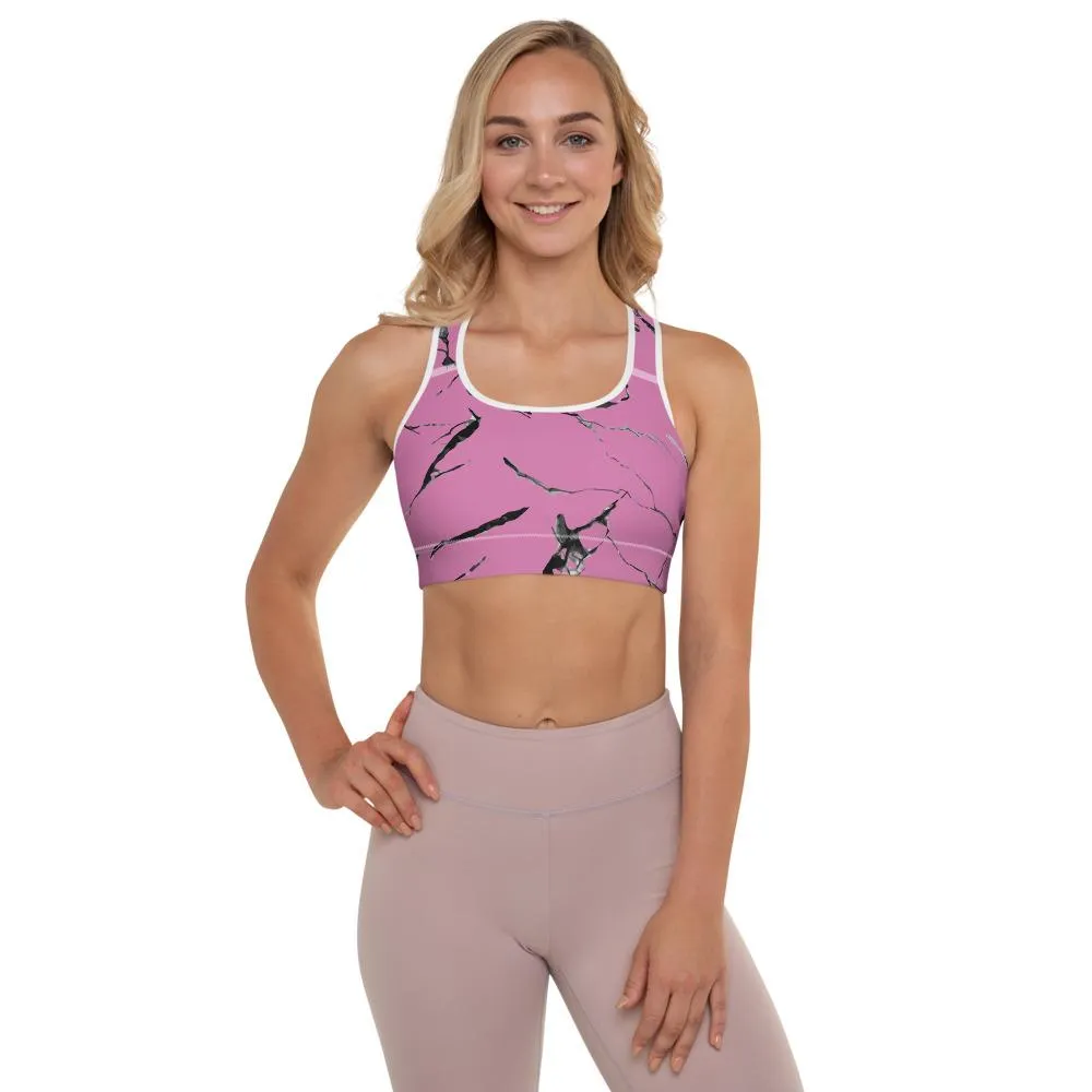 Pink Marble Women's Sports Bra, Premium Padded Gym Workout Bra- Made in USA/ EU