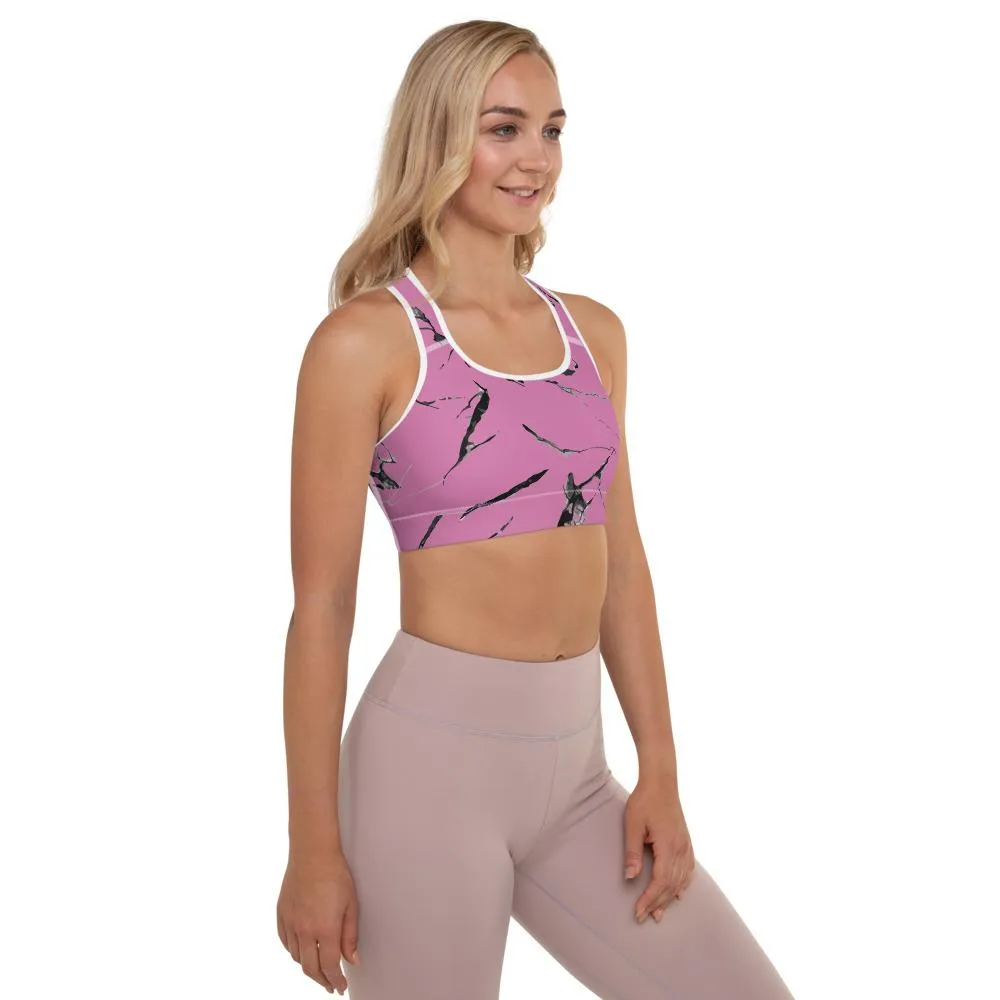 Pink Marble Women's Sports Bra, Premium Padded Gym Workout Bra- Made in USA/ EU