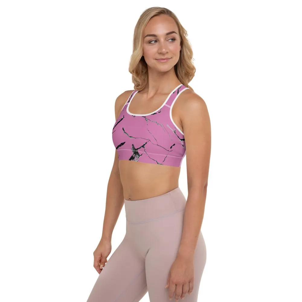 Pink Marble Women's Sports Bra, Premium Padded Gym Workout Bra- Made in USA/ EU