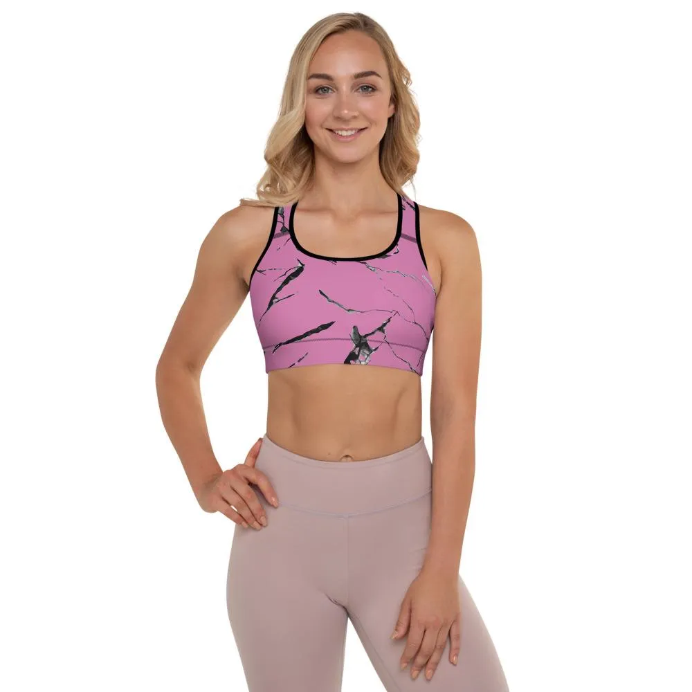 Pink Marble Women's Sports Bra, Premium Padded Gym Workout Bra- Made in USA/ EU