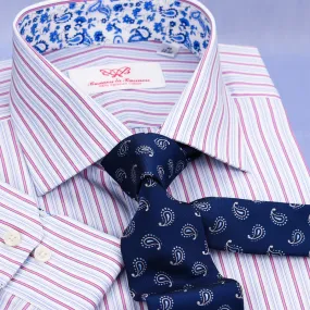 Pink Striped Blue Paisley Business Dress Shirt Floral Button Cuff Designer Style