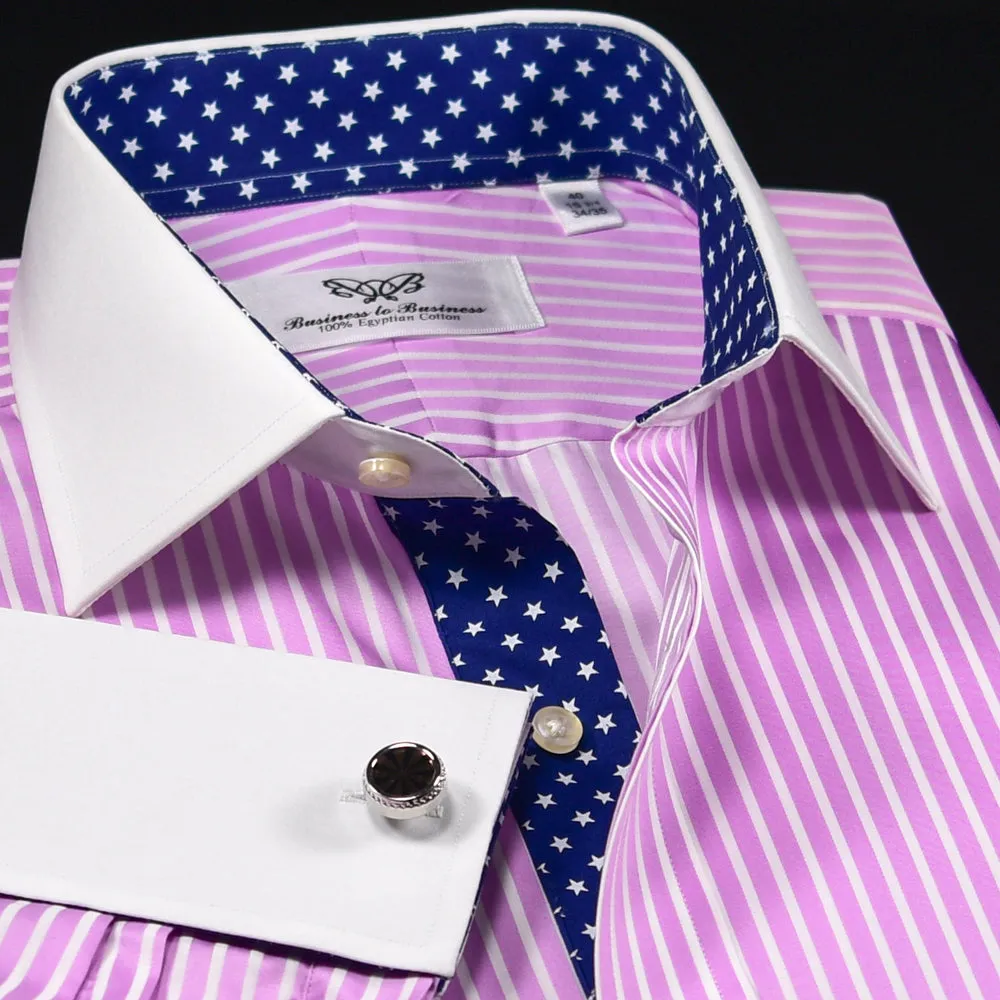 Pink Striped Contrast Formal Business Dress Shirt Wrinkle Free Stars Inner Lining French in Double Cuffs