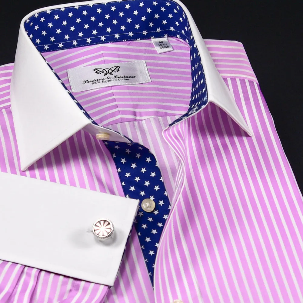 Pink Striped Contrast Formal Business Dress Shirt Wrinkle Free Stars Inner Lining French in Double Cuffs