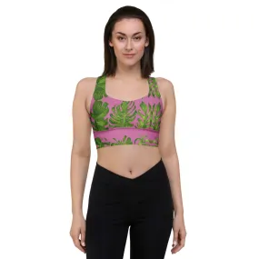 Pink Tropical Leaves Sports Bra, Best Longline Sports Bra For Women-Made in USA/EU/MX (US Size: XS-3XL)