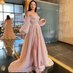 Pink Wedding Dresses Puff Long Sleeve Bride Dress Split Side A Line Sexy Beach Wedding Gowns Robe de Mariee