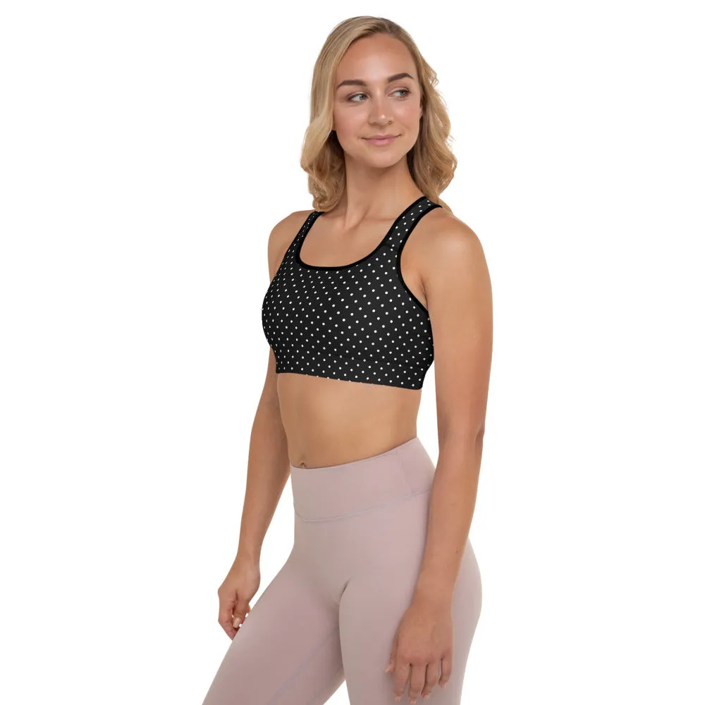 Polka Dots Sports Bra, Preppy Black White Polka Dots Women's Padded Bra-Made in USA/EU