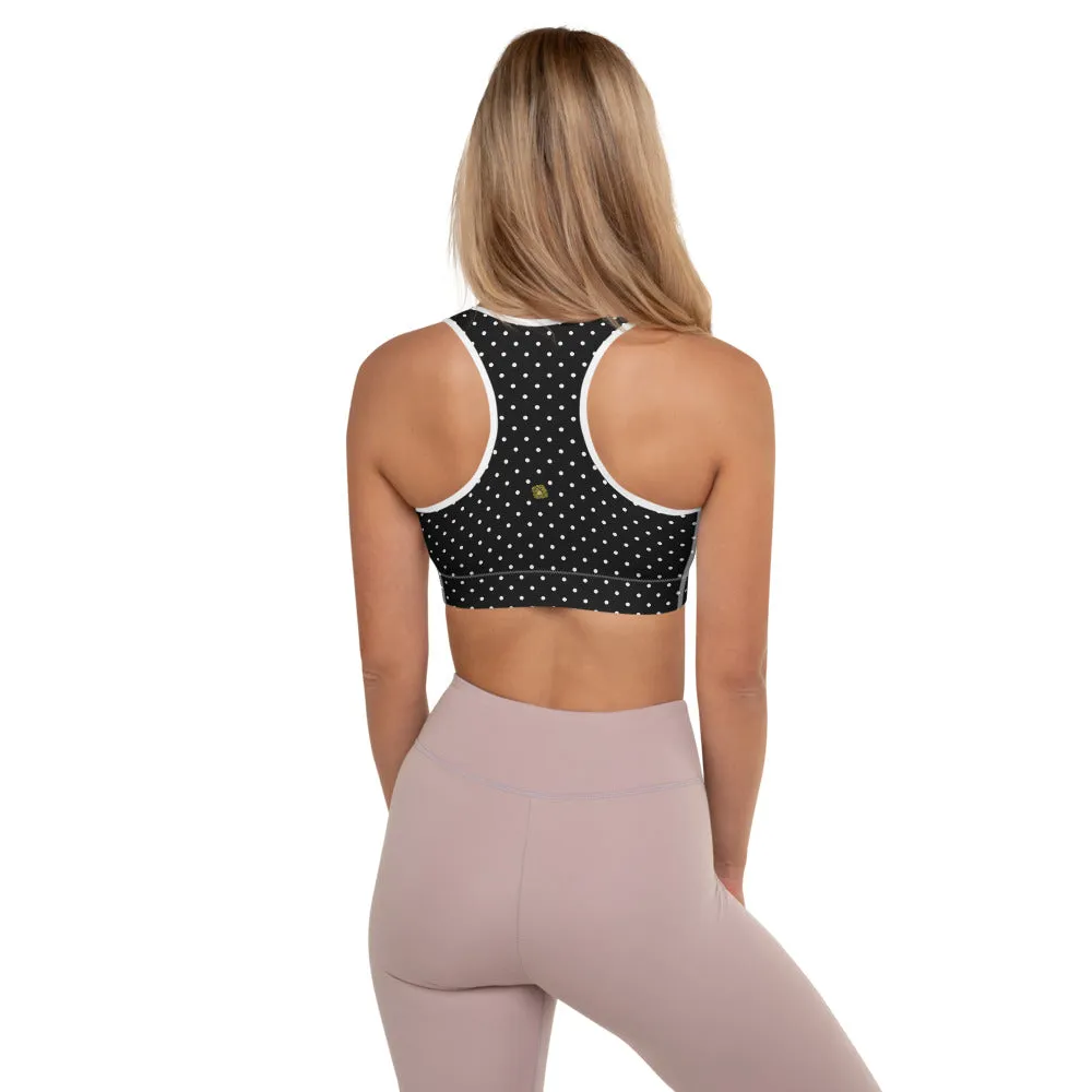 Polka Dots Sports Bra, Preppy Black White Polka Dots Women's Padded Bra-Made in USA/EU