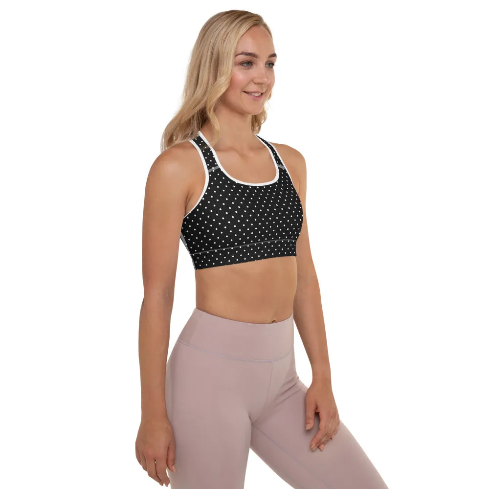 Polka Dots Sports Bra, Preppy Black White Polka Dots Women's Padded Bra-Made in USA/EU