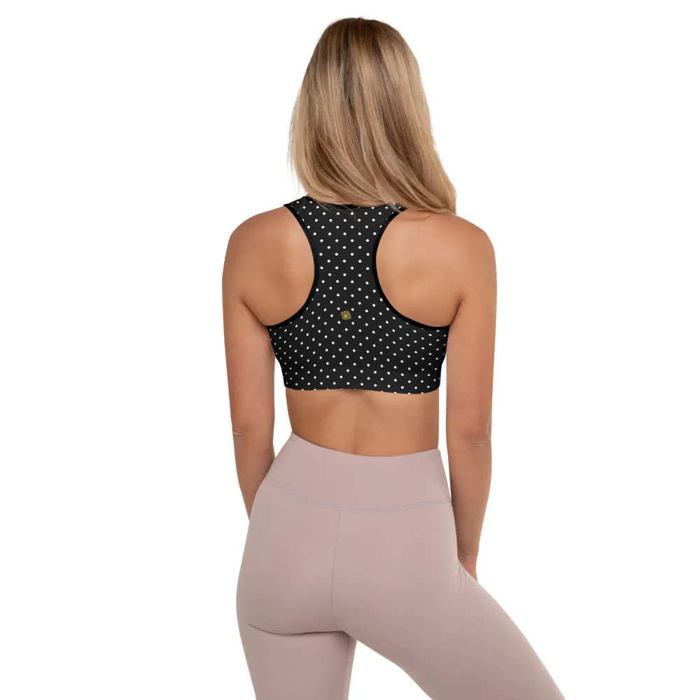 Polka Dots Sports Bra, Preppy Black White Polka Dots Women's Padded Bra-Made in USA/EU