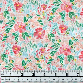 Printed Cotton Voile Fabric, Pink Floral - Width 140cm