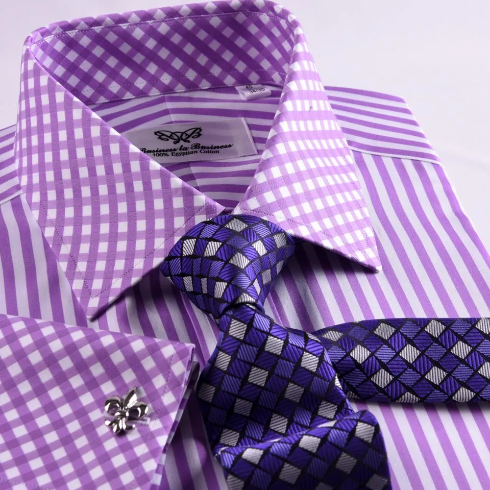 Purple Striped Dress Shirt Formal Contrast Collar and French Cuff Business Fashion Design