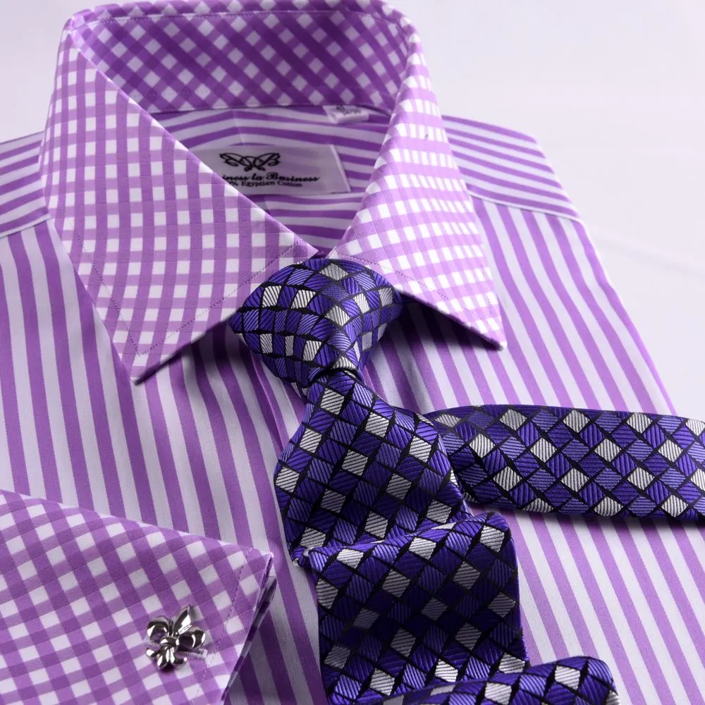 Purple Striped Dress Shirt Formal Contrast Collar and French Cuff Business Fashion Design