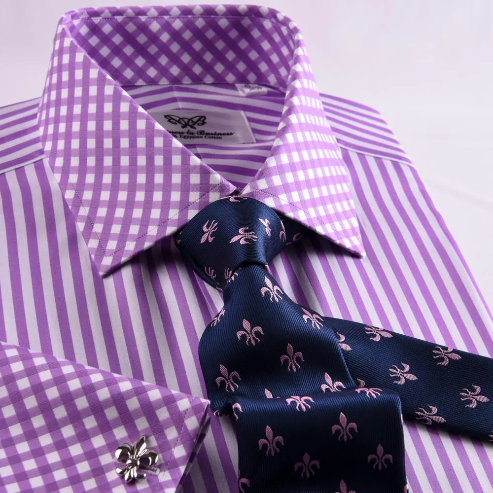 Purple Striped Dress Shirt Formal Contrast Collar and French Cuff Business Fashion Design