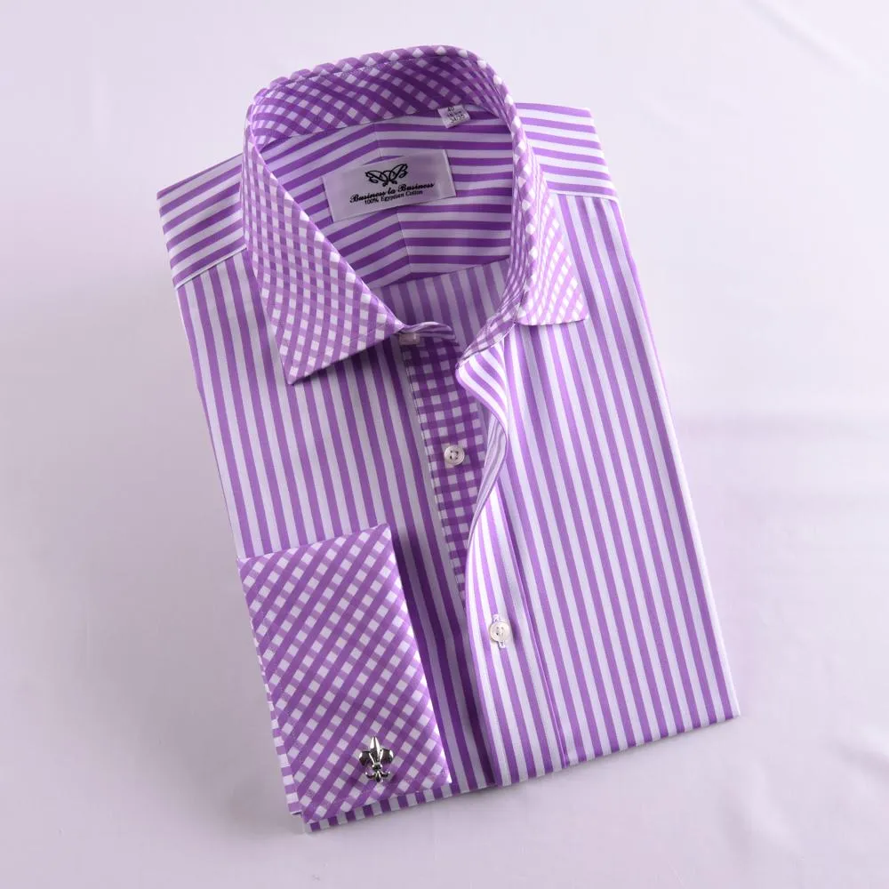 Purple Striped Dress Shirt Formal Contrast Collar and French Cuff Business Fashion Design