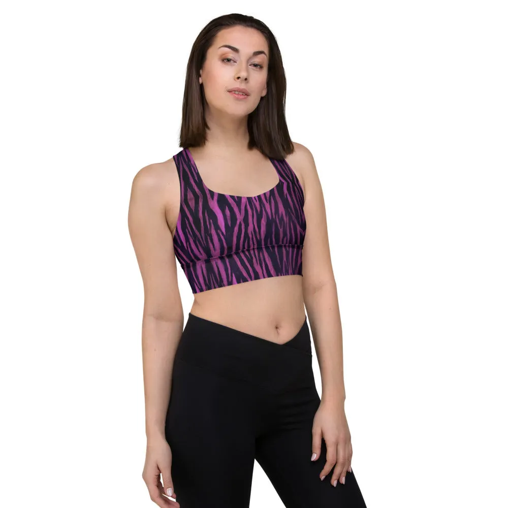 Purple Tiger Striped Sports Bra, Longline Gym Exercise Padded Sports Bra For Women-Made in USA/EU/MX