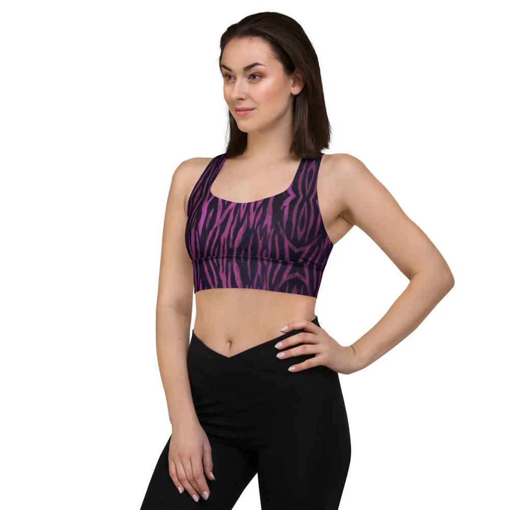 Purple Tiger Striped Sports Bra, Longline Gym Exercise Padded Sports Bra For Women-Made in USA/EU/MX