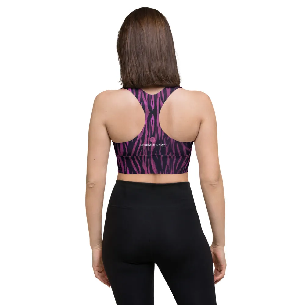 Purple Tiger Striped Sports Bra, Longline Gym Exercise Padded Sports Bra For Women-Made in USA/EU/MX