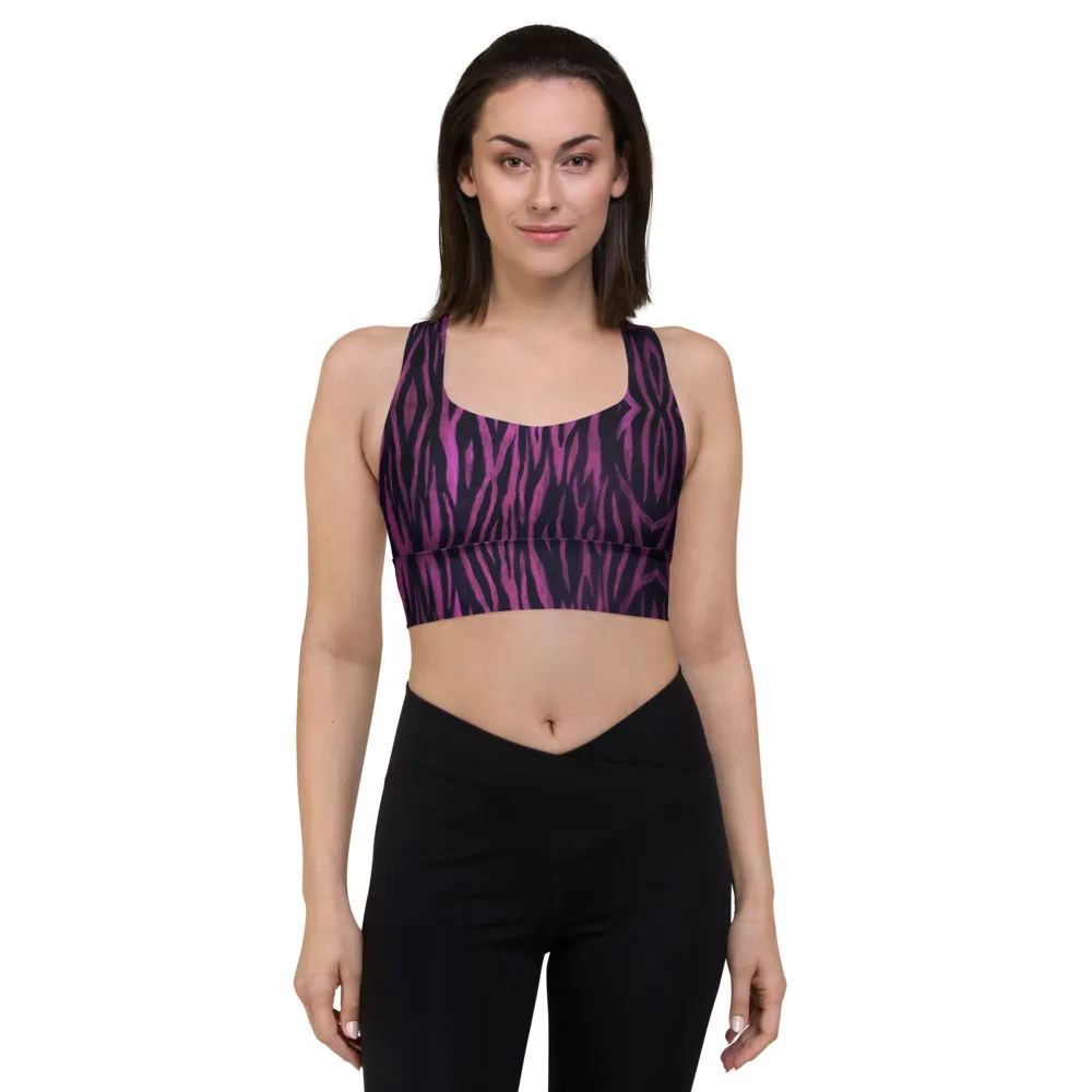 Purple Tiger Striped Sports Bra, Longline Gym Exercise Padded Sports Bra For Women-Made in USA/EU/MX