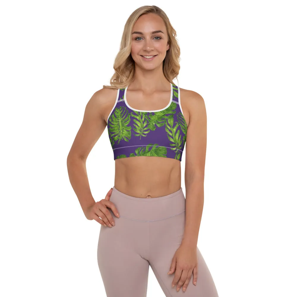 Purple Tropical Padded Sports Bra, Hawaiian Style Leaves Print Workout Bra-Made in USA/EU/MX