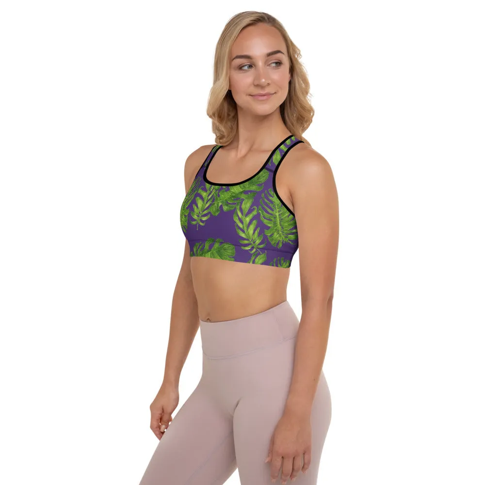 Purple Tropical Padded Sports Bra, Hawaiian Style Leaves Print Workout Bra-Made in USA/EU/MX