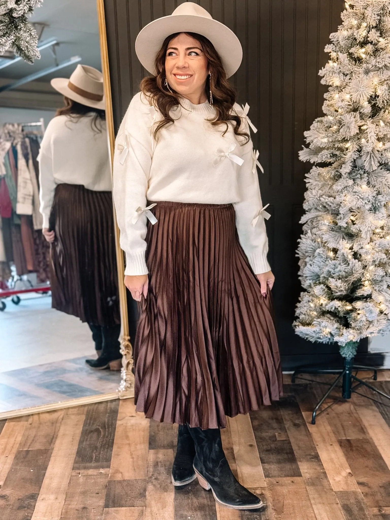 Radiant Grace Holiday Satin Midi Skirt, Chocolate