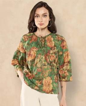 Rareism Women Baudel Green Kimono Sleeve Tie-Up Neck Tie Up Closure Relaxed Fit Floral Print Top