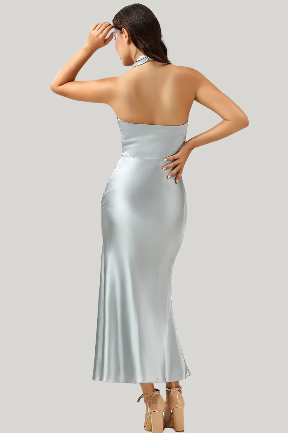 Sheath Halter Neck Silver Tea Length Dress