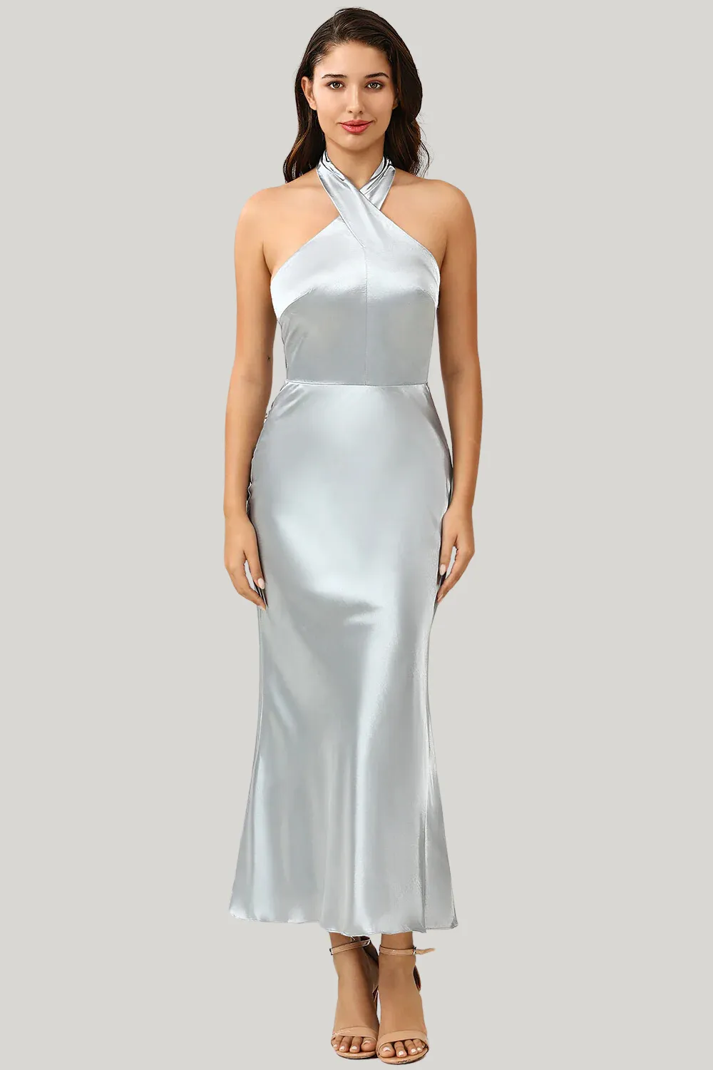 Sheath Halter Neck Silver Tea Length Dress