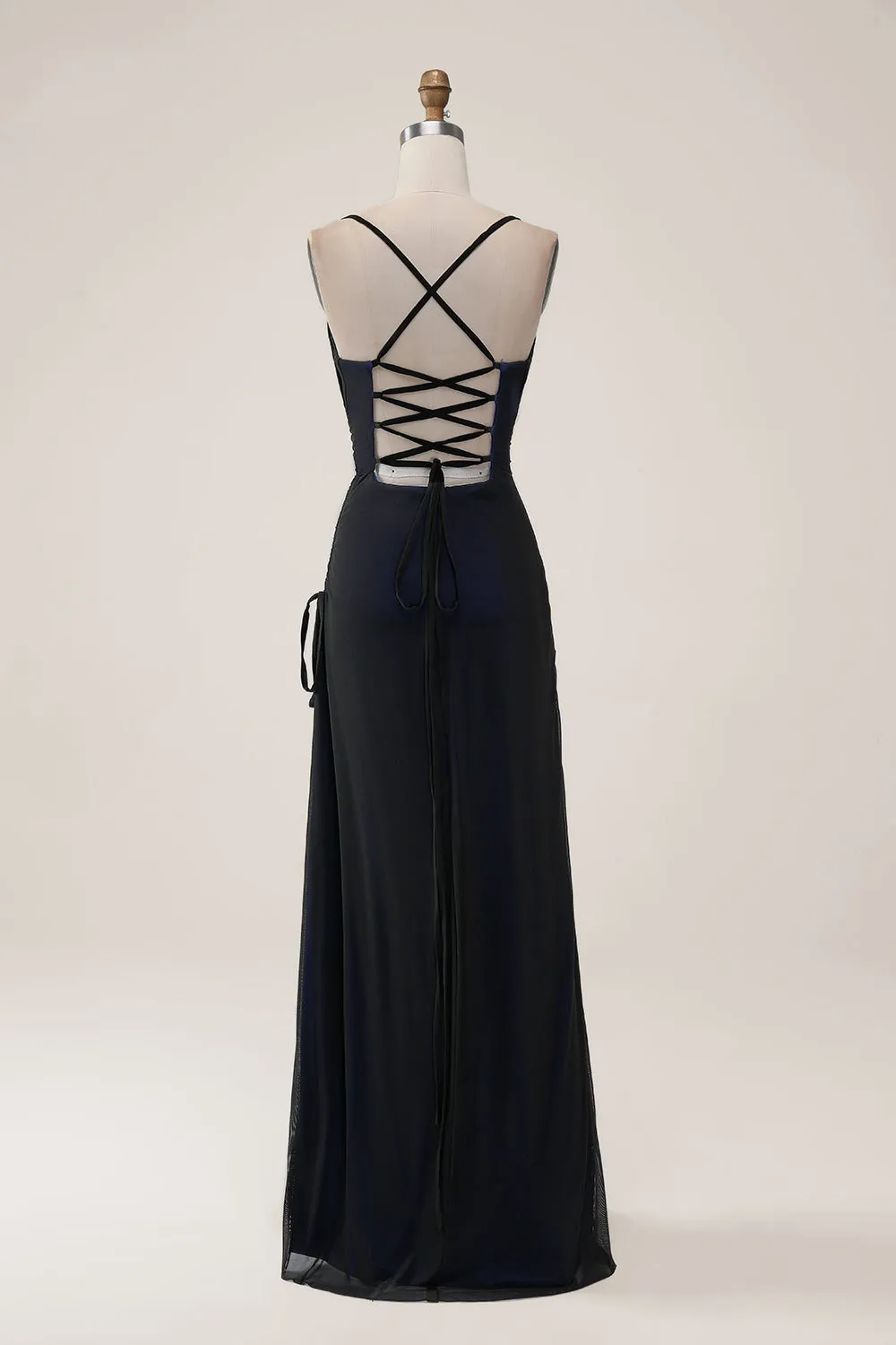 Sheath Spaghetti Straps Black Blue Maxi Dress