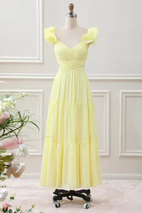 Simple Lemon Yellow A Line Pleated Ruffled Wedding Guest Dress