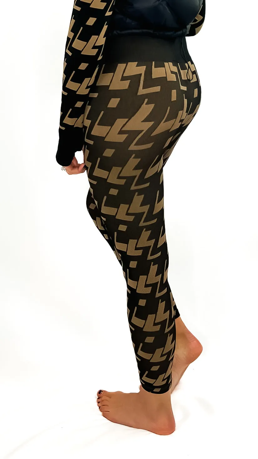 Stacia Geometric Print Seamless Leggings- Brown/Black