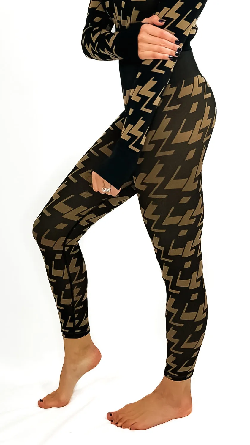 Stacia Geometric Print Seamless Leggings- Brown/Black