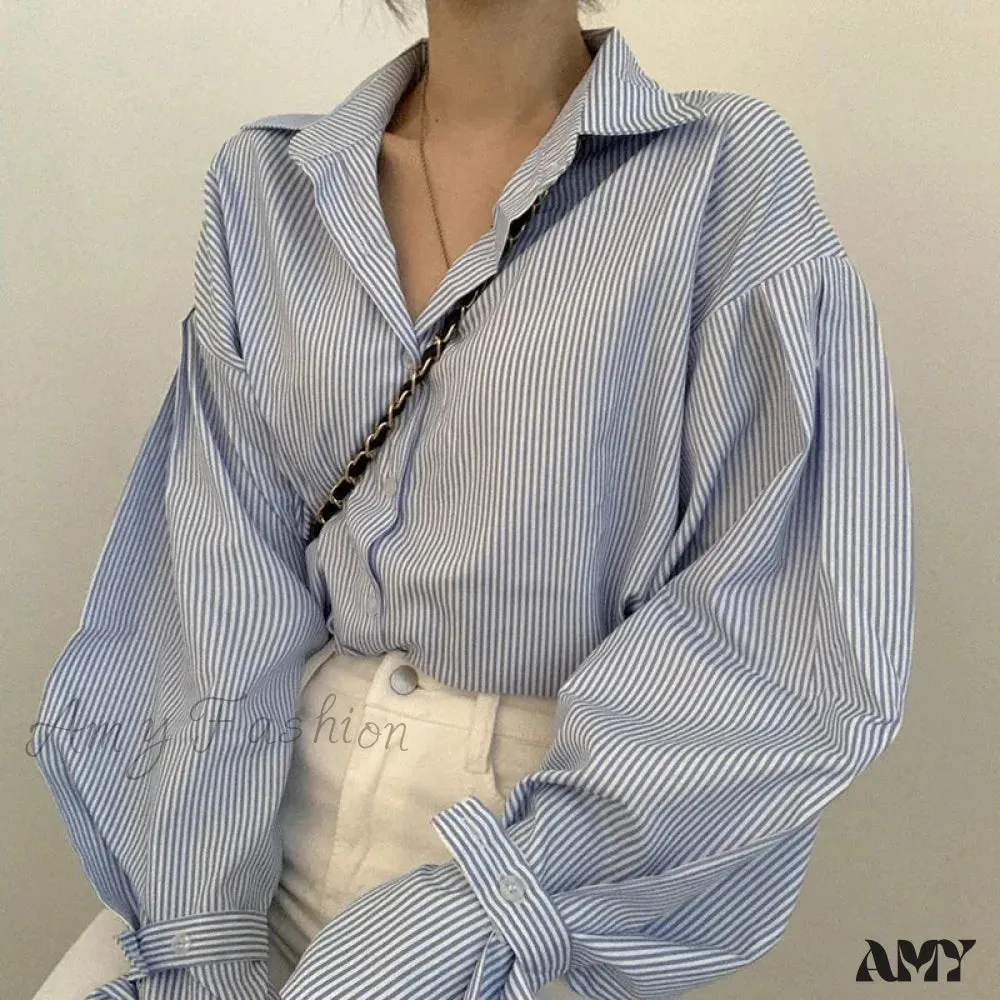 Stripe Loose Spring Retro Casual Elegant Lapel Leisure Blouse