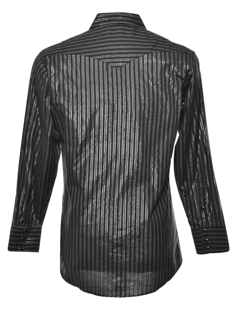 Striped Black & Silver Long Sleeve Western Shirt - M