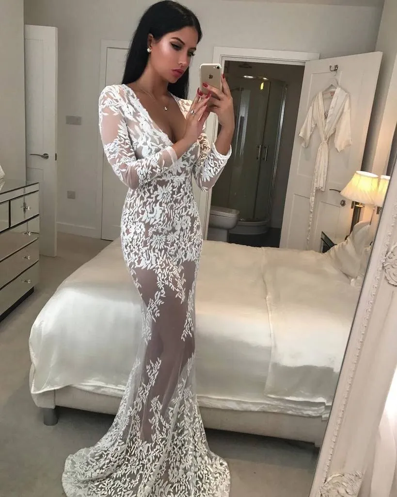 TastyHottie - Romantic White Two-pieces Lace Flared-sleeves Evening Dress