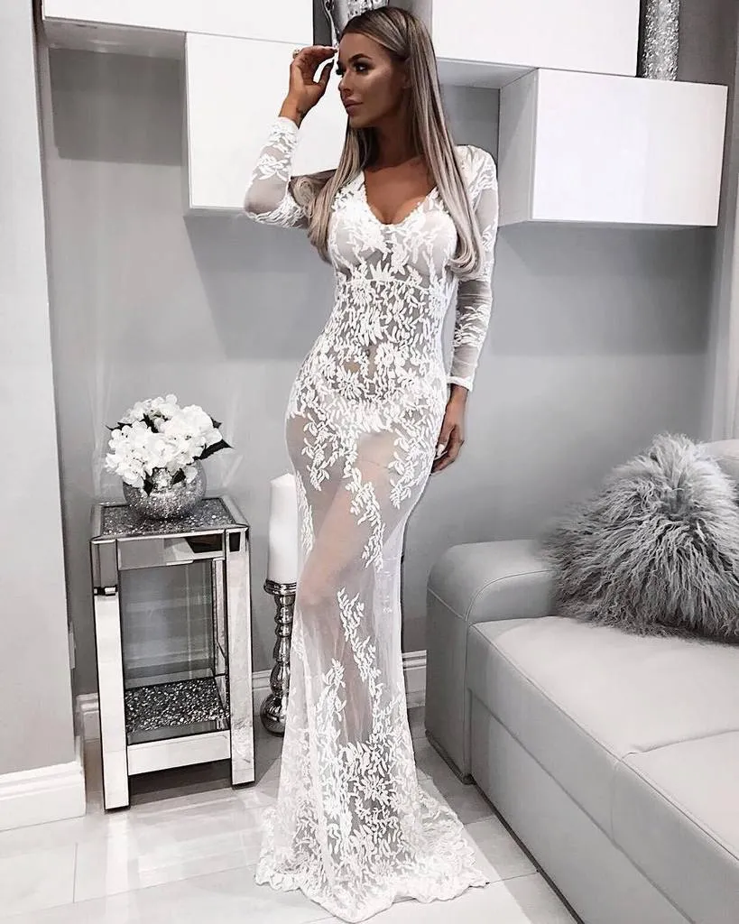 TastyHottie - Romantic White Two-pieces Lace Flared-sleeves Evening Dress