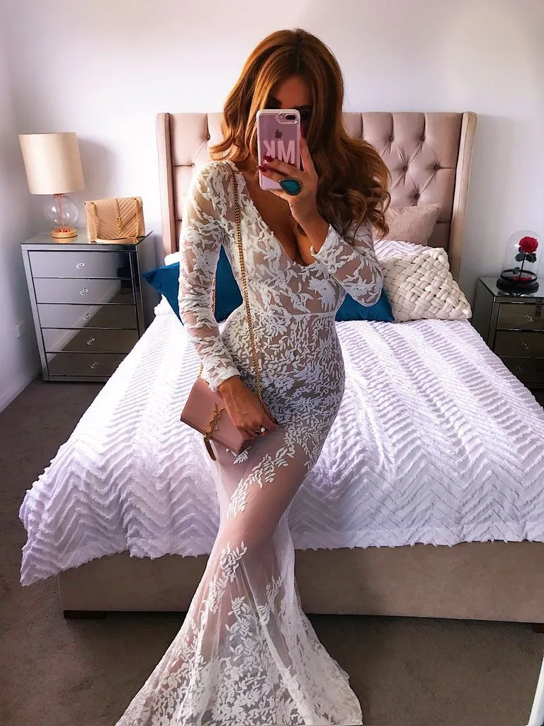 TastyHottie - Romantic White Two-pieces Lace Flared-sleeves Evening Dress