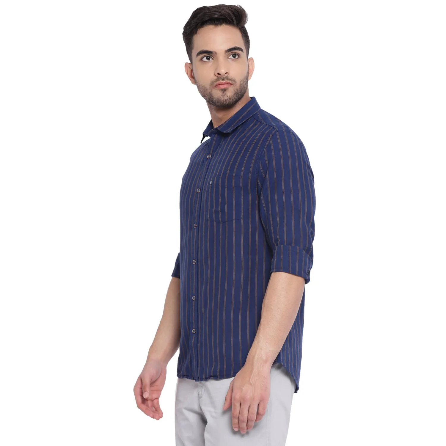 Turtle Men Navy Cotton Linen Striped Slim Fit Shirts