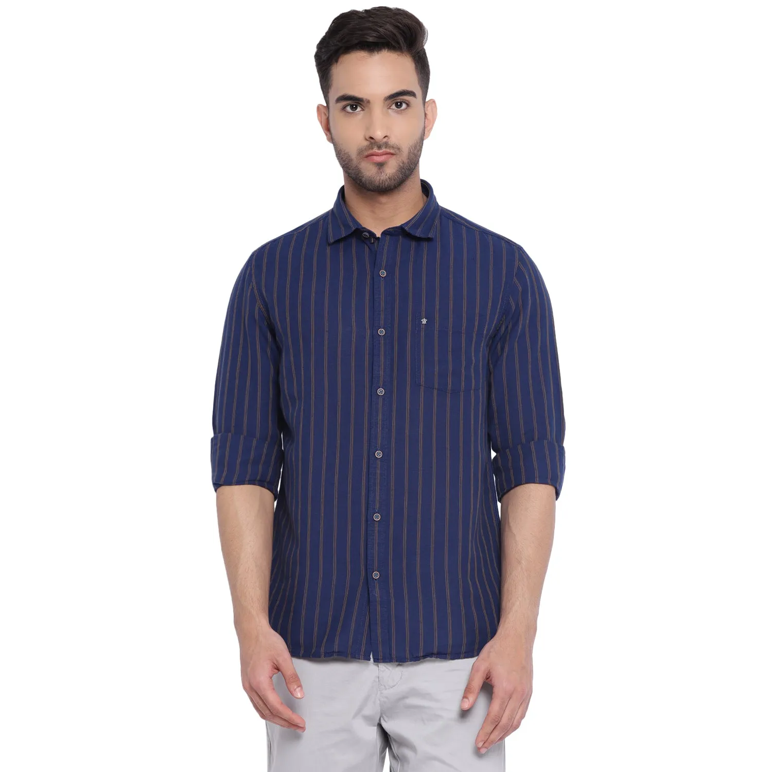 Turtle Men Navy Cotton Linen Striped Slim Fit Shirts