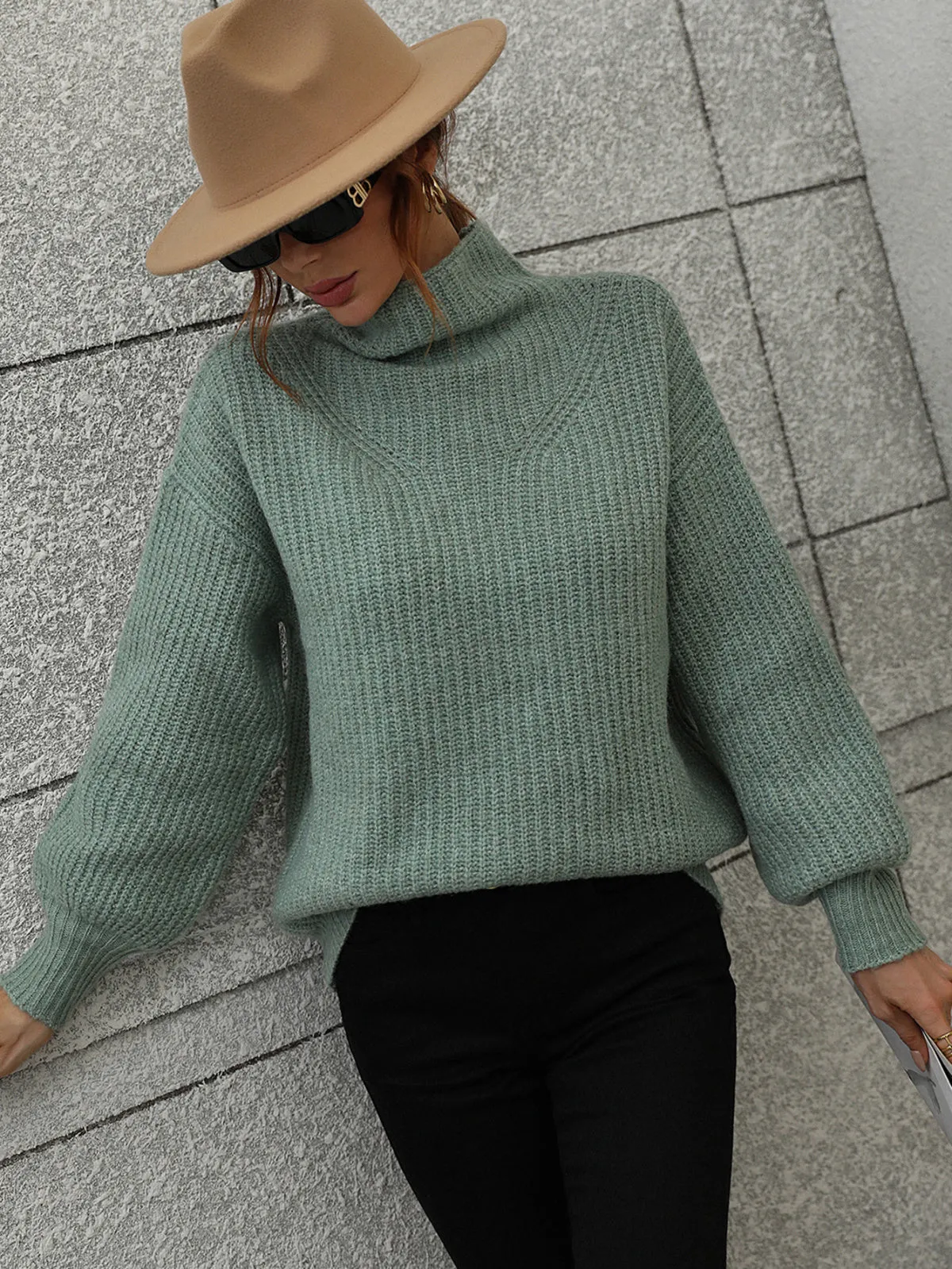 Turtleneck Lantern Sleeve Knitted Sweater