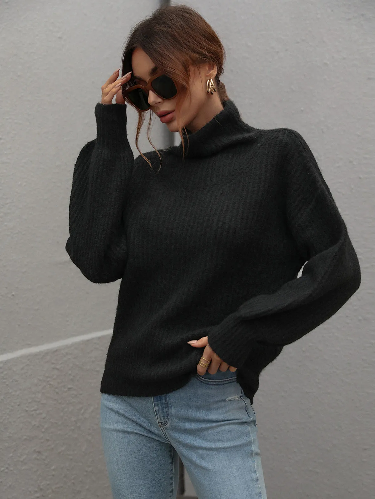 Turtleneck Lantern Sleeve Knitted Sweater