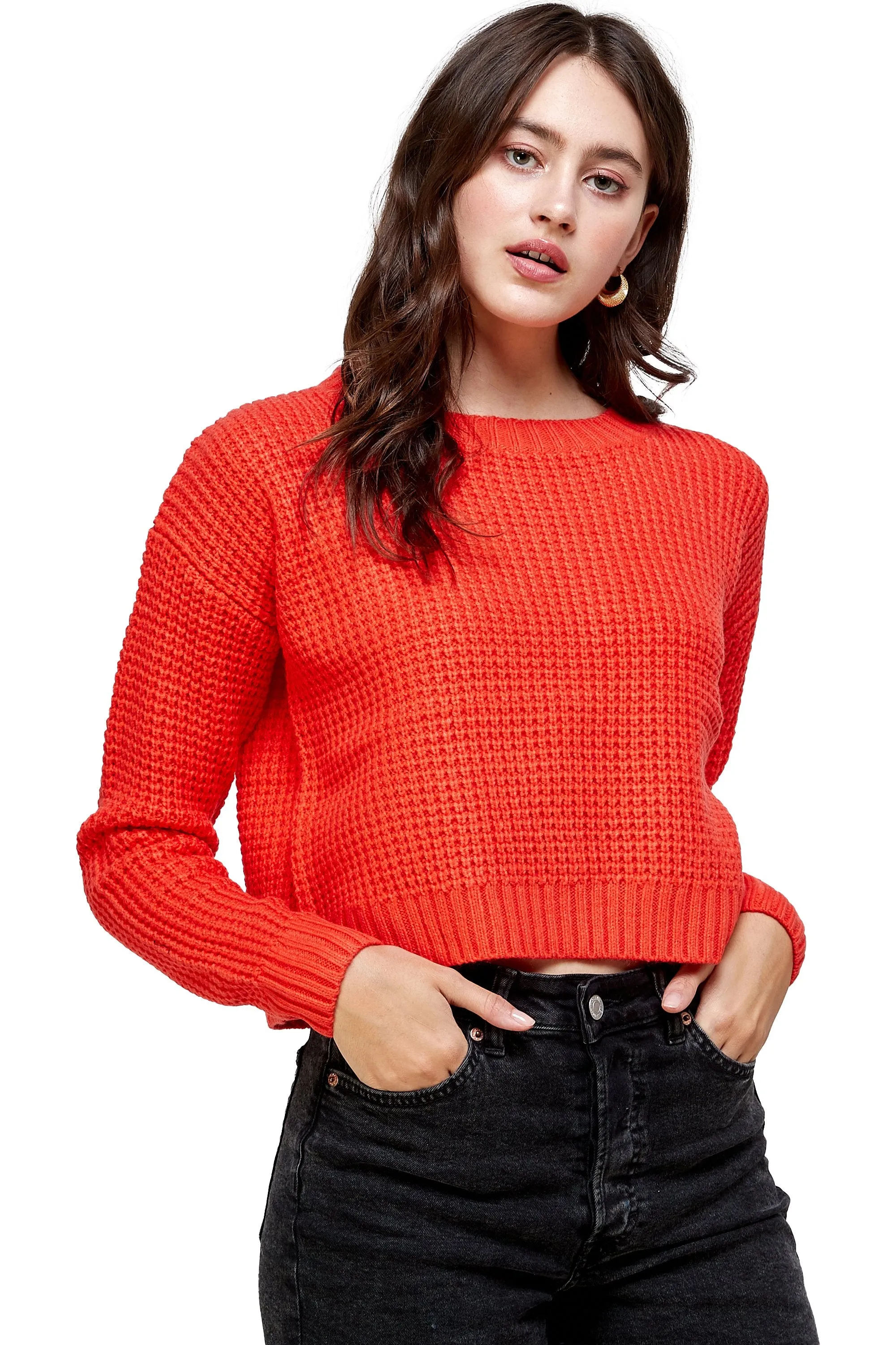 Waffle Knitted Cropped Sweater Top