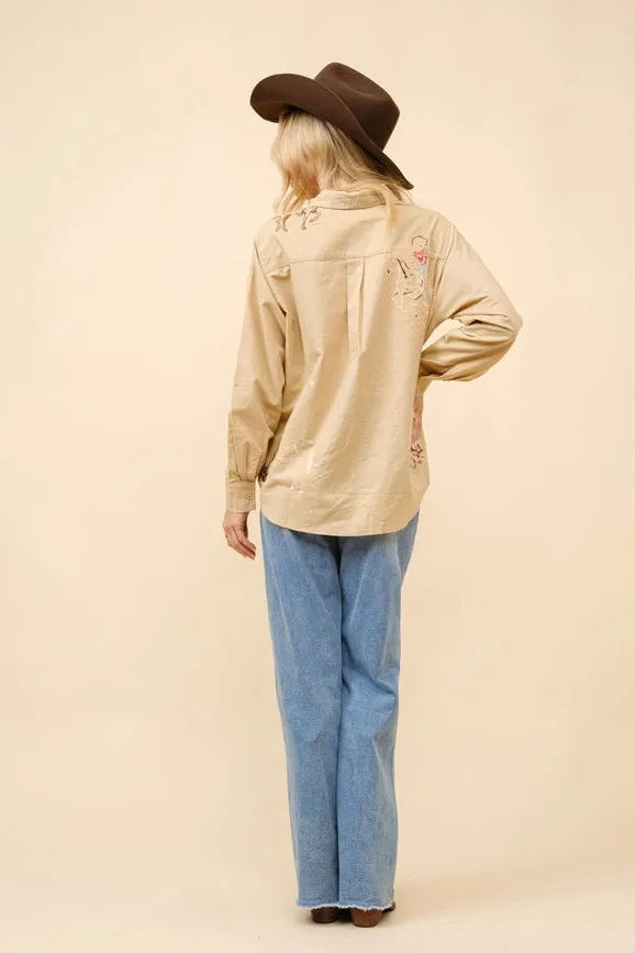 Western Cowgirl Motif Button Up Linen Shirt Blouse CAMEL