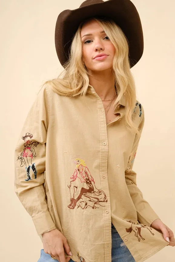 Western Cowgirl Motif Button Up Linen Shirt Blouse CAMEL