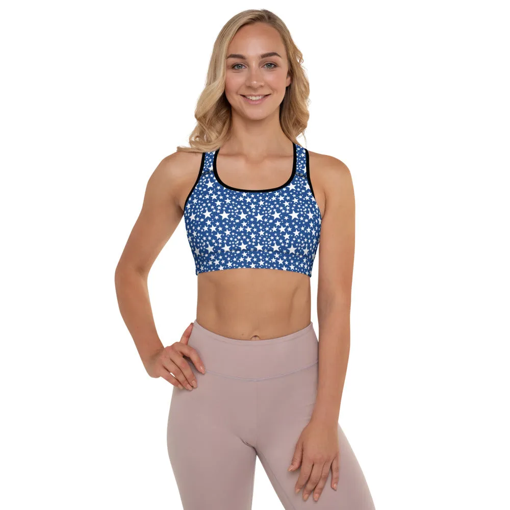 White Blue Starry Padded Bra, Designer Star Pattern Best Women's Sports Bra-Made in USA/EU/MX