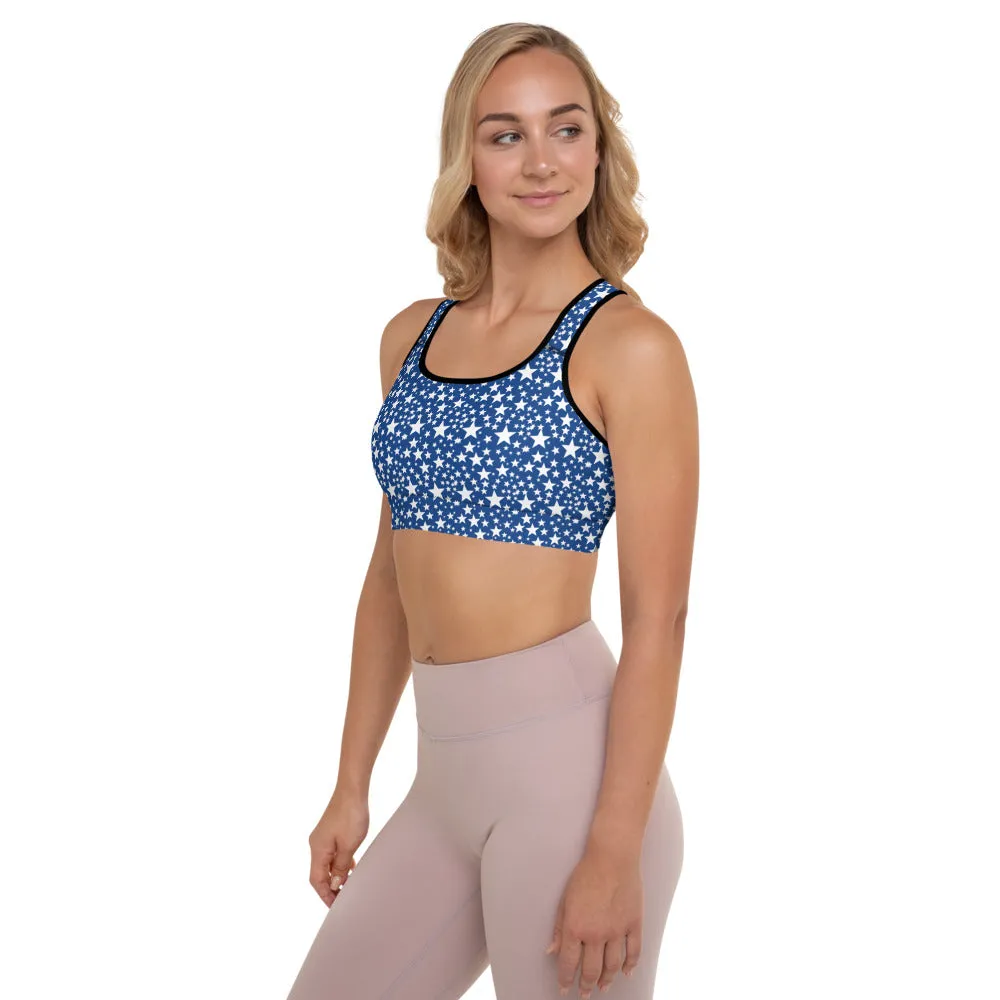 White Blue Starry Padded Bra, Designer Star Pattern Best Women's Sports Bra-Made in USA/EU/MX