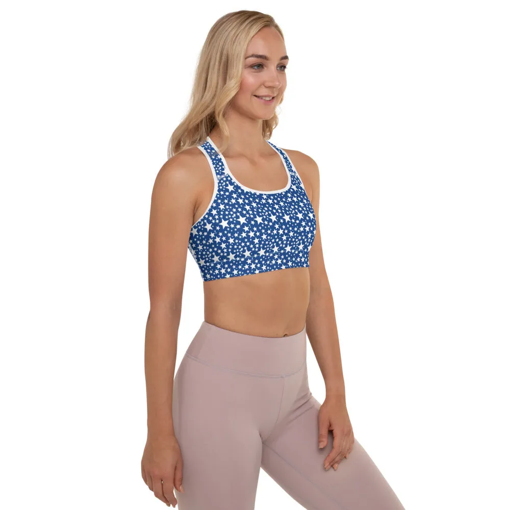 White Blue Starry Padded Bra, Designer Star Pattern Best Women's Sports Bra-Made in USA/EU/MX