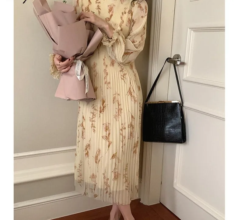 Wjczt Elegant Floral Chiffon Long Dresses Women Spring New Cute Puff Sleeve Double Layer Dress Female Casual Vacation Dress