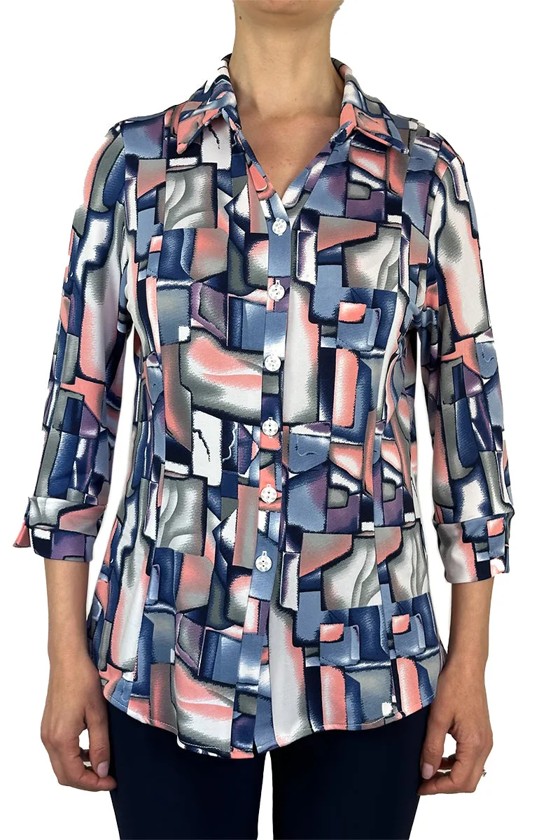 Women's Blouses on Sale Canada - Blue and Pink Print Made in Comfort Stretch Fabric  - Sizes S-XL