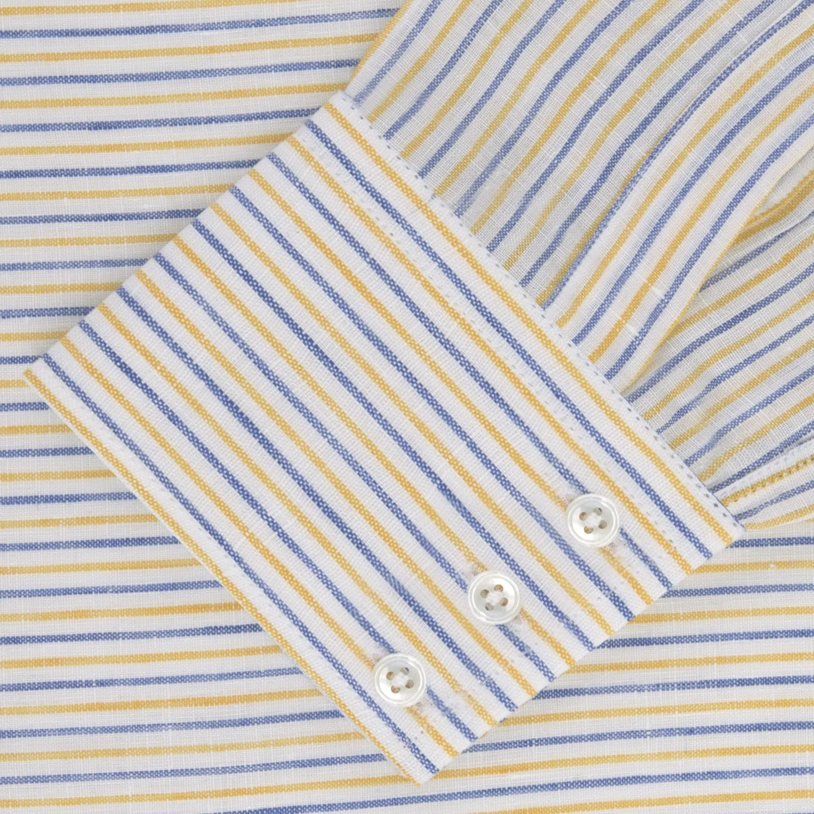 Yellow and Blue Ticking Stripe Linen Shirt with POW Collar and 3-Button Cuffs